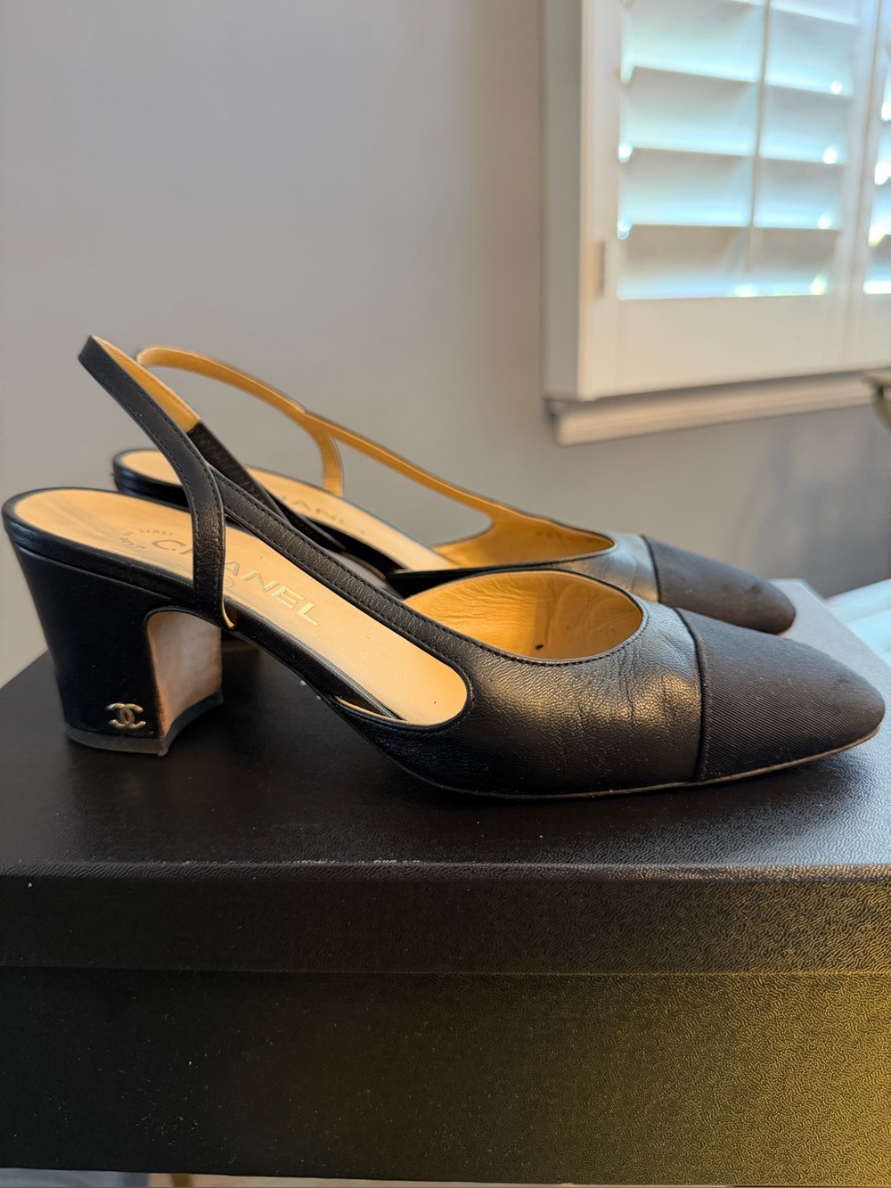 CHANEL Black Leather Slingback Heels